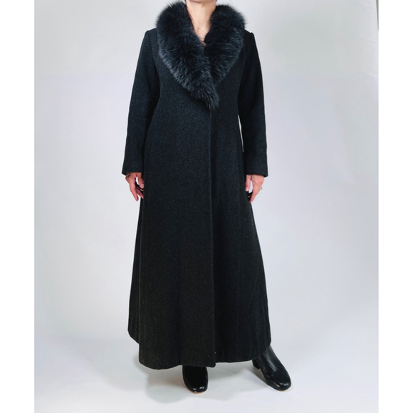 MARVIN RICHARDS Womans Coat Charcoal 100% Lambswool Fox Fur Maxi Coat Size 4 - Picture 6 of 12